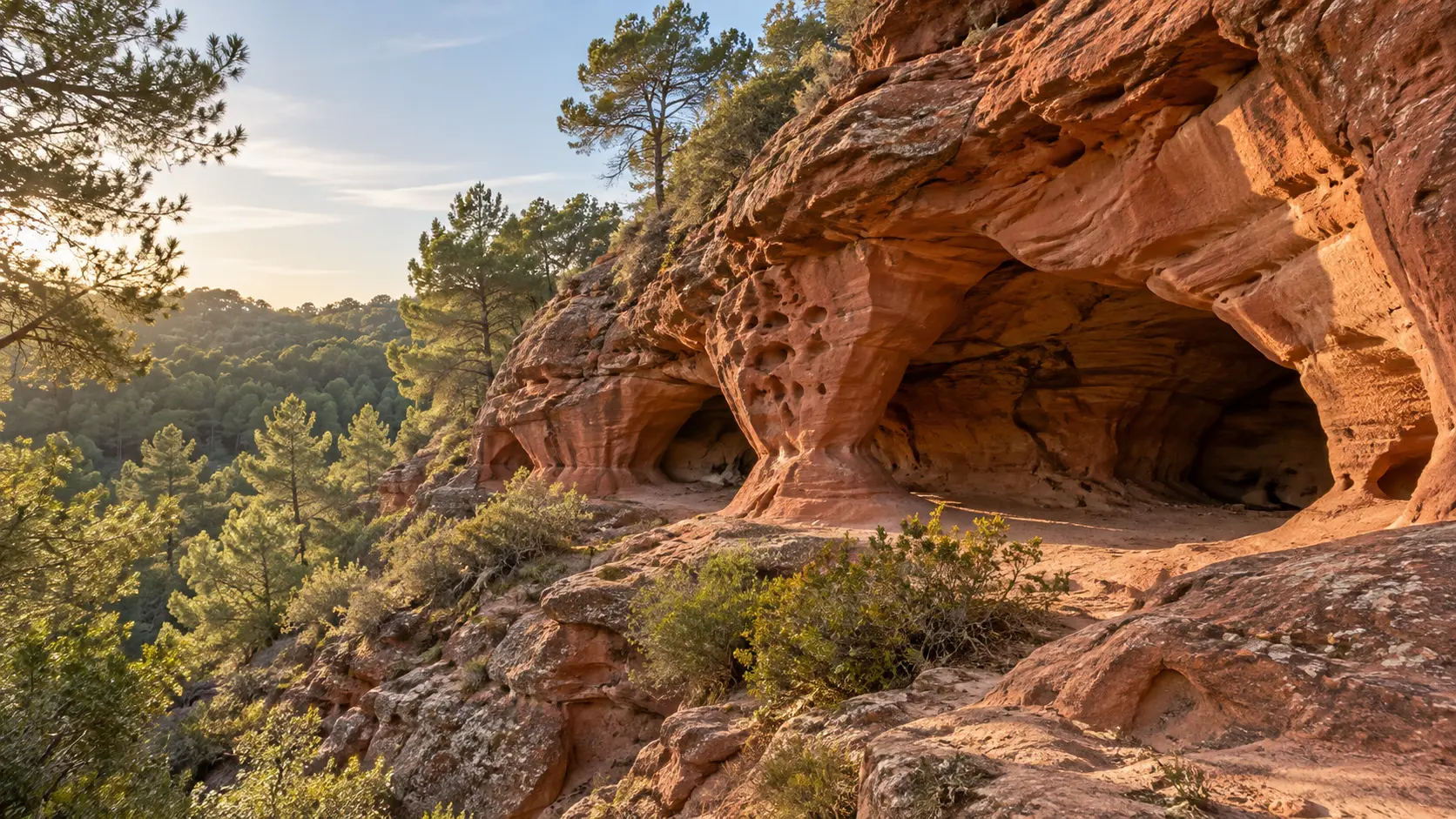 Formacions de gres vermell erosionat entre pins, inspirades en les coves de Can Riera