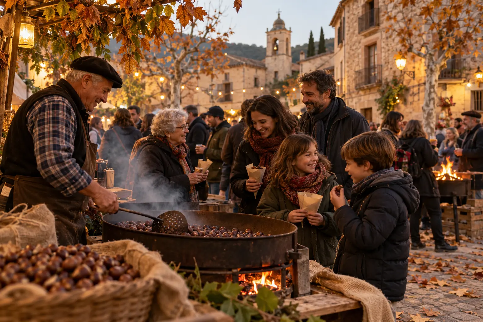 Veïns menjant castanyes a la Festa Major de Sant Martí