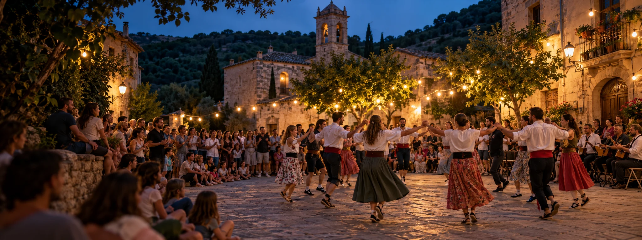 Veïns ballant en una plaça de poble durant una festa popular
