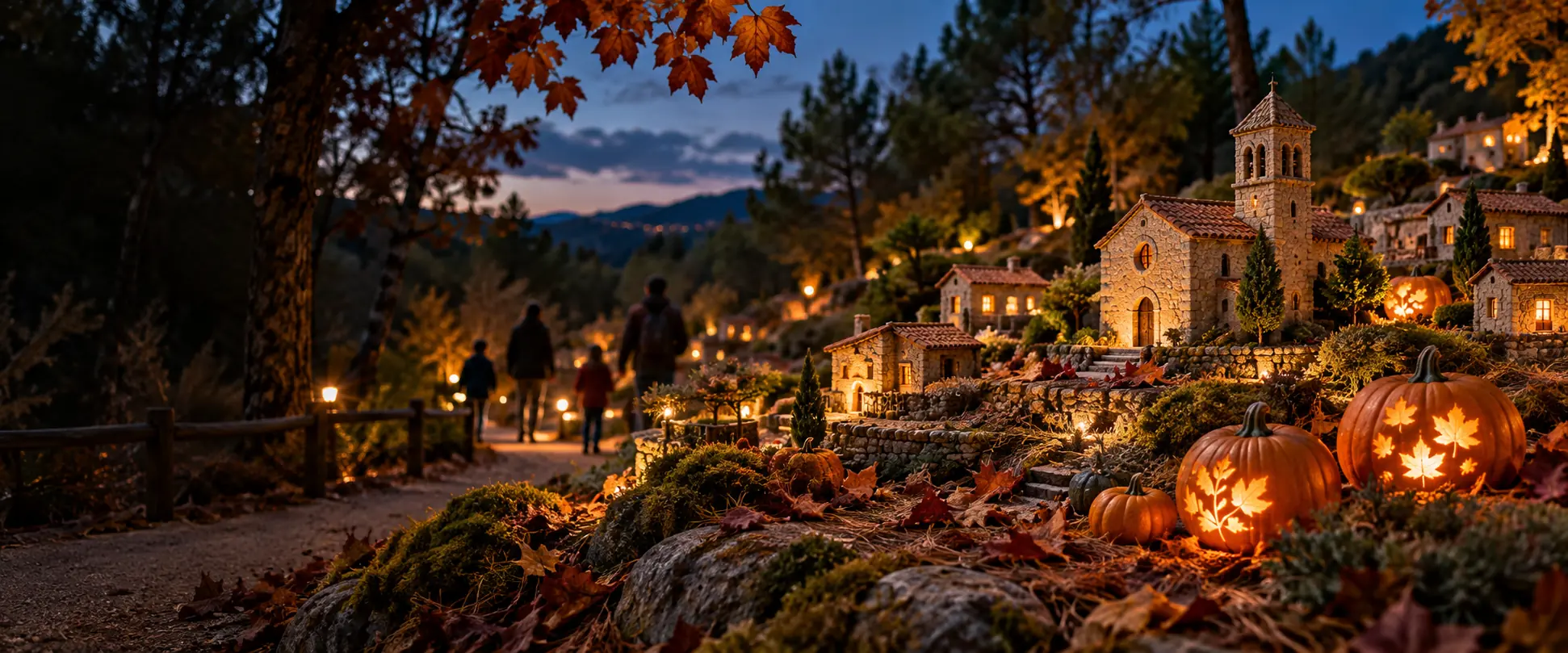 Il·lustració d'un poble en miniatura al bosc, entre fulles de tardor i carabasses il·luminades