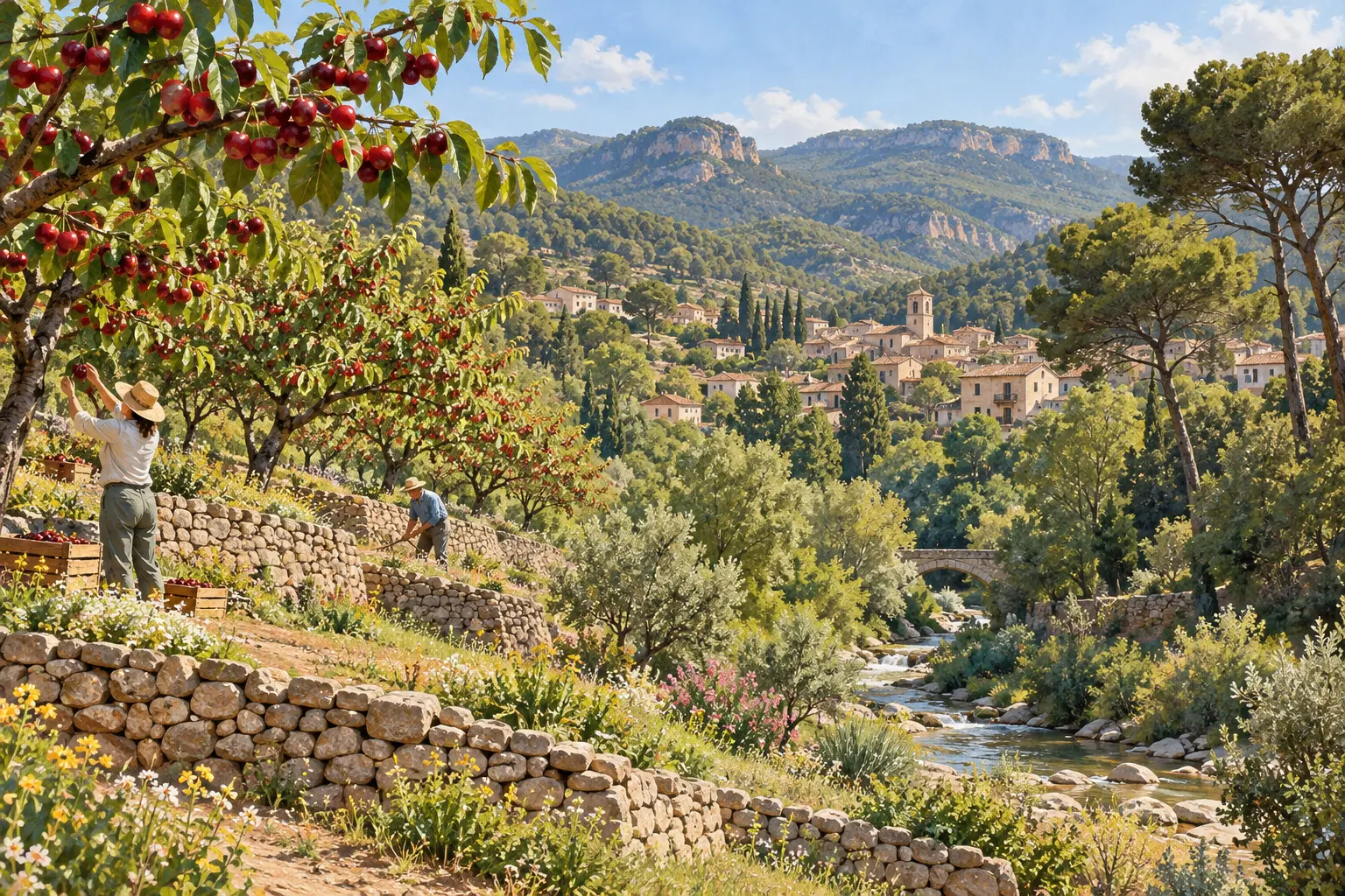 Paisatge contemporani de Torrelles amb cirerers, marges de pedra seca i bosc mediterrani