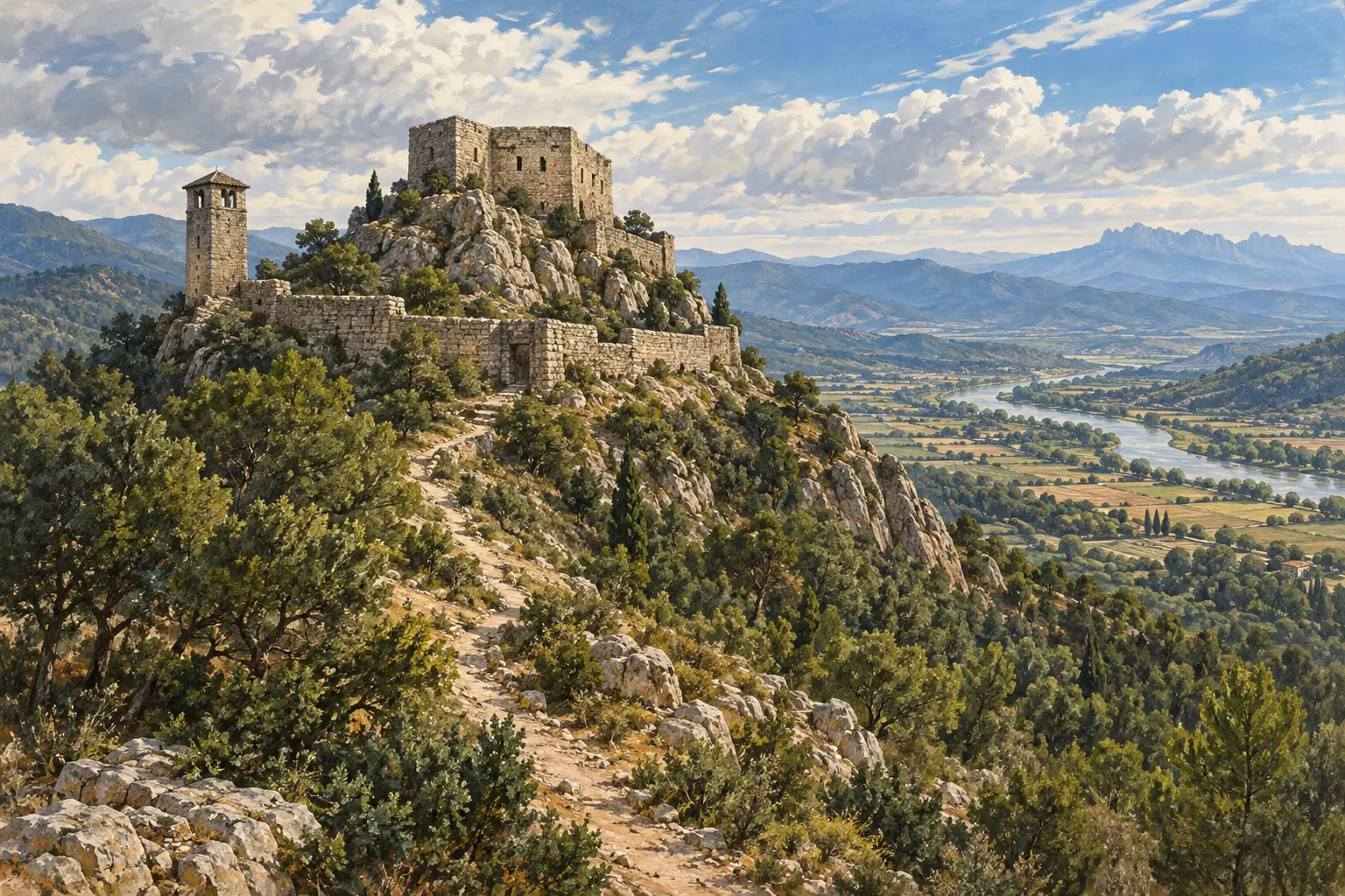 Recreació artística del Castellnou de Cervelló al cim del Montpedrós