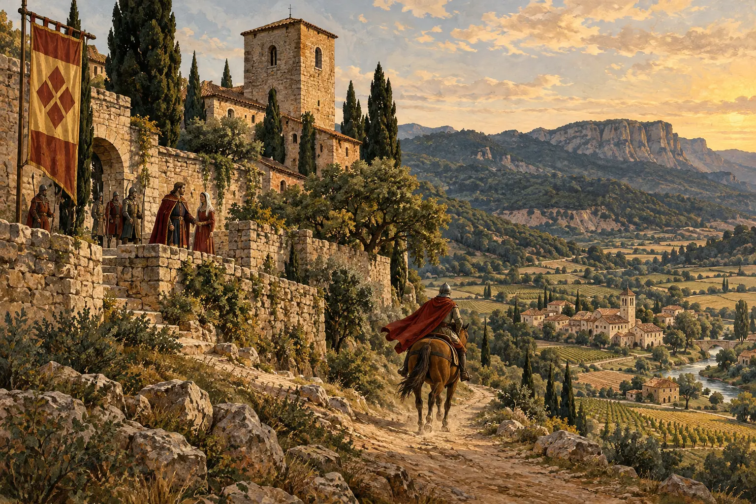 Recreació artística d'un camí medieval que connecta una casa fortificada amb la vall