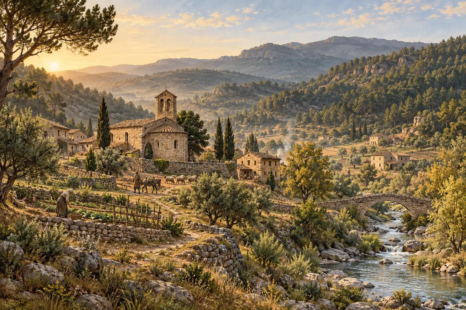 Recreació artística d'una vall medieval amb una petita església de pedra