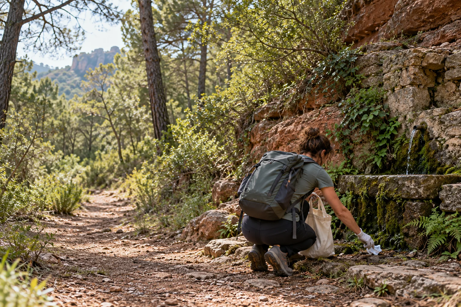 Recreació editorial d’una excursionista recollint una deixalla vora una font