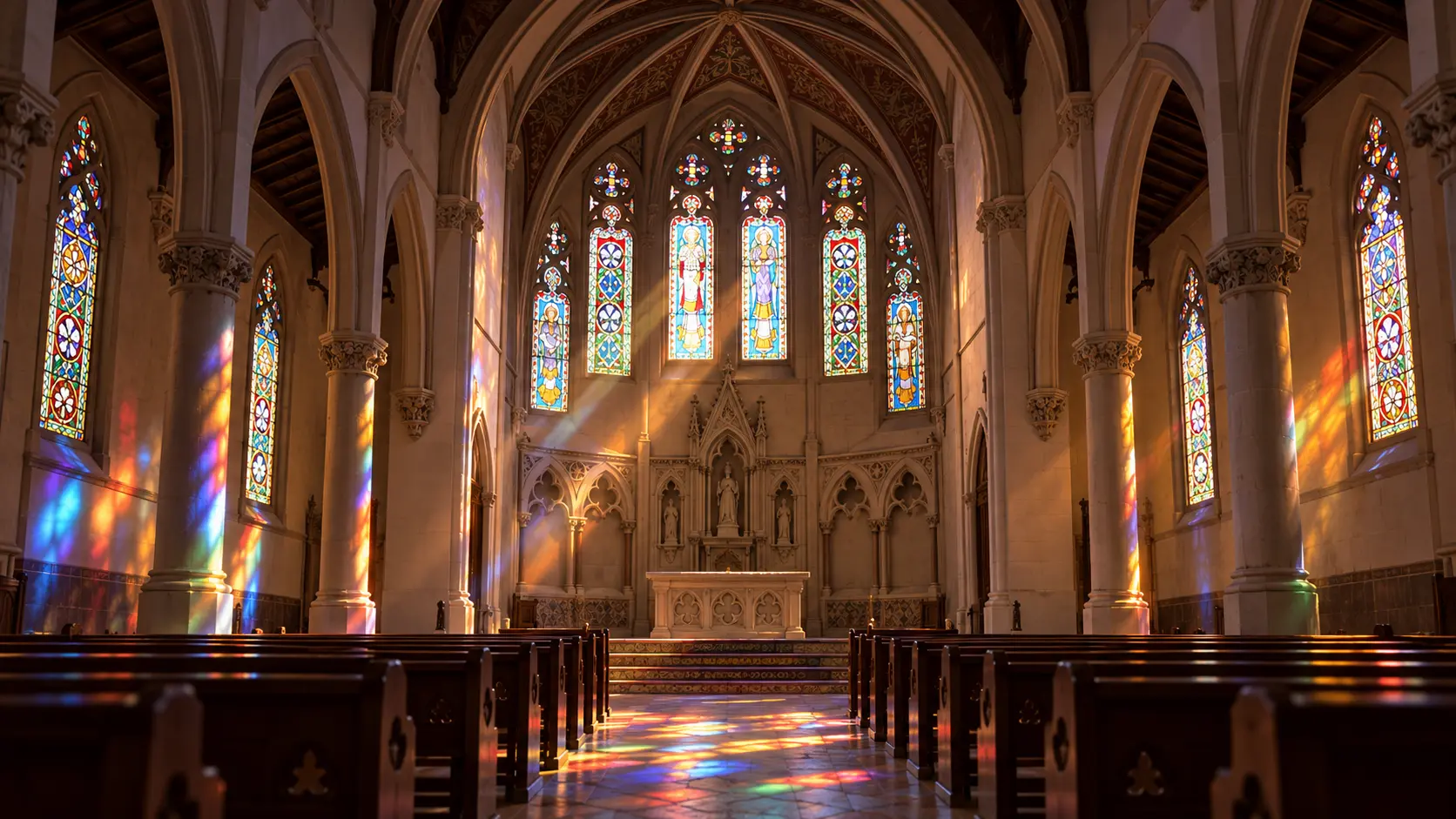 Recreació de l'interior neogòtic de Sant Martí de Torrelles il·luminat pels vitralls